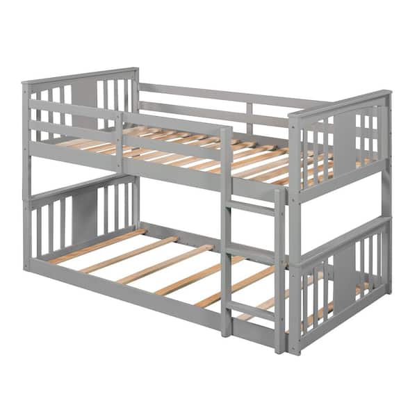URTR Gray Twin Over Twin Low Bunk Bed with Headboard and Footboard, Wooden Bunk Bed Frame with Ladder for Toddlers Kids