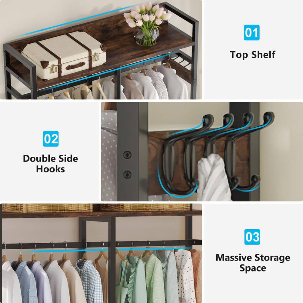 Carmalita Brown Wood 47.24 in. Armoire with 4 Drawers and 8 Hooks, Freestanding Clothing Rack for Bedroom Living Room - thumbnail 6