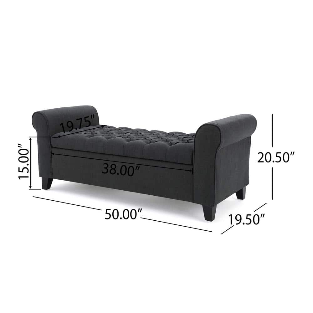 Dark Gray Tufted Fabric Storage Bench with Arms