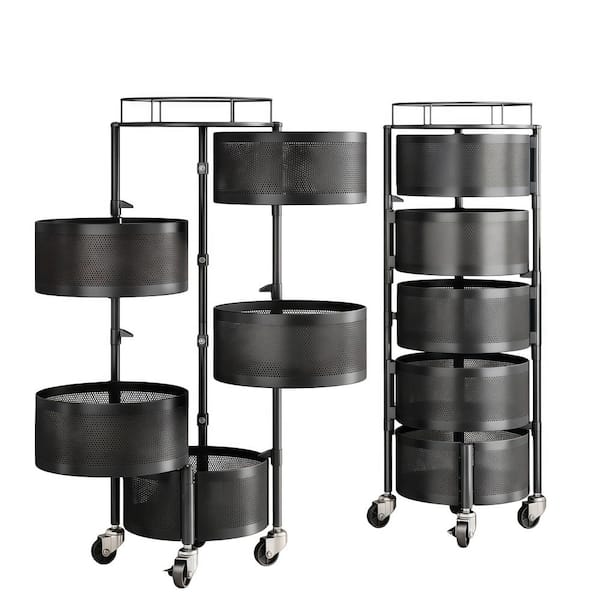 Black Metal Fruit and Vegetable Basket Bowls Wire Basket Organizer on Wheels Metal Top Lid 5 Tier Rotating Storage Cart
