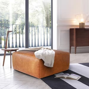 Sequoia Leather Square Ottoman in Cognac Tan