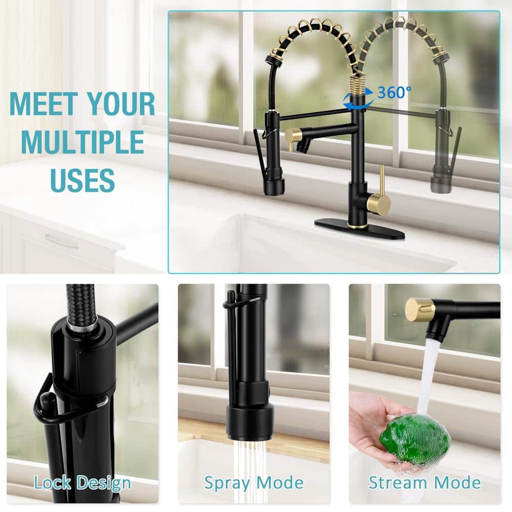 Matte Black and Gold Stainless Steel Pull Down Kitchen Faucet