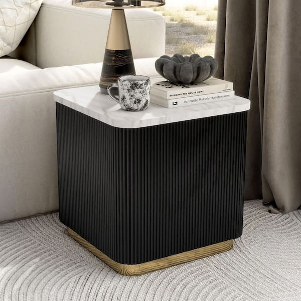 Keith 19.5 in. Black and White Square Marble Top End Table with Gold Accent Reeded Plinth Base
