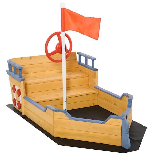 2.6 ft. W x 5.2 ft. L Wooden Kids Pirate Sandbox, Outdoor Sandboat with Bench Seats, Storage, Non-Woven Fabric Cloth