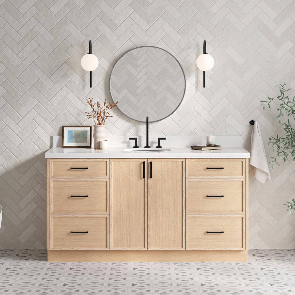 Kelly 67" Light Oak Single Vanity with White Quartz Top
