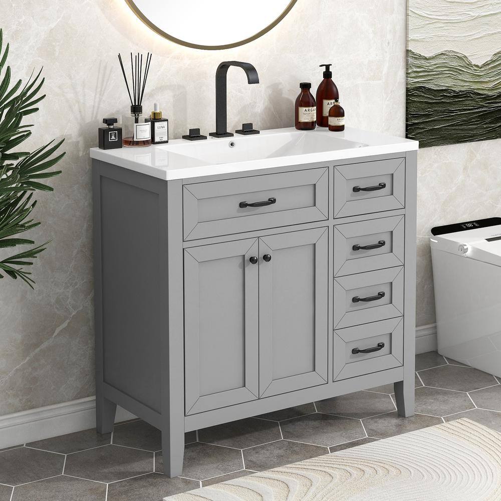 Gray 36-Inch Freestanding Bathroom Vanity with Ceramic Sink