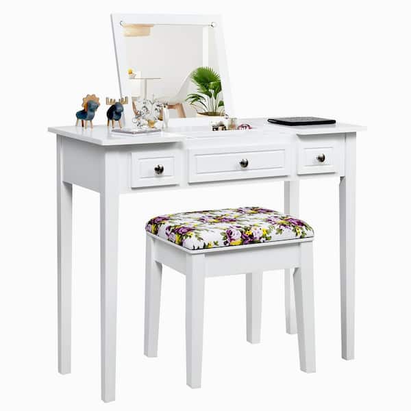 Costway White Trunk Vanity Dressing Table Flip Top 7 Compartments