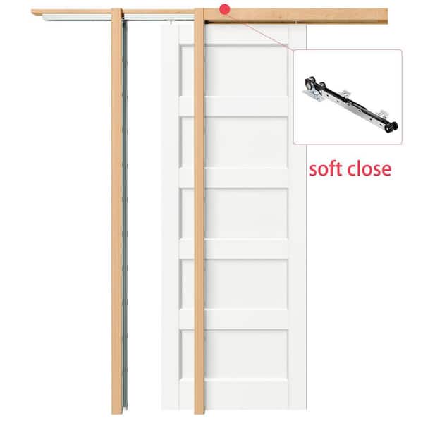 28 in. x 80 in. White Primed Pine and MDF. Composite 5-Panel Core Pocket Door with Soft Close, Frame and Full Hardware