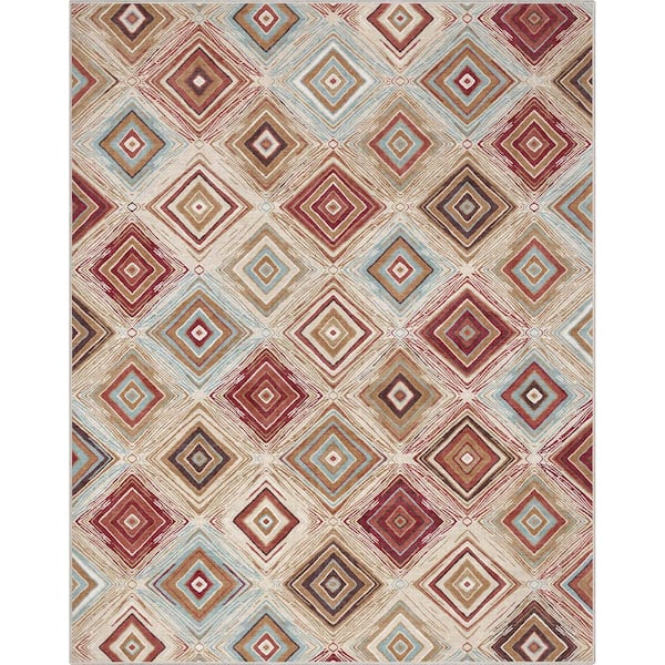 Well Woven Ivory 7 ft. 10 in. x 9 ft. 10 in. Flat-Weave Kings Court Richard Tribal Diamond Pattern Area Rug