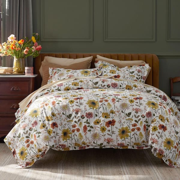Company Cotton Daisies 4-Piece Cream Multi Sateen Full Sheet Set