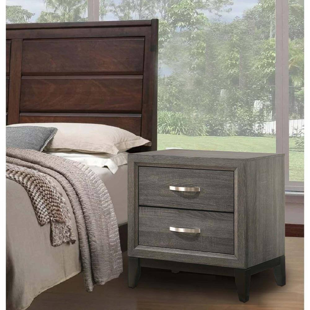 Gray Wood Grain 2 Drawer Nightstand with Metal Handles