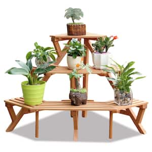 Outdoor Solid Wood Corner Ladder Plant Stand, Storage Shelf for Balcony (3-Tier)