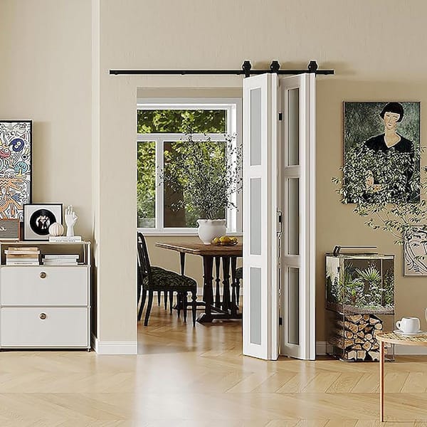 48 in. x 84 in. 3-Lite Frosted Glass Panels MDF White Accordion Style Multi-Fold Sliding Barn Door with Hardware Kit Set