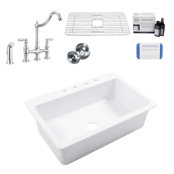 SINKOLOGY Jackson 33 in. 4-Hole Drop-in Single Bowl Crisp White Fireclay Kitchen Sink with Courant Bridge Faucet (Chrome) Kit