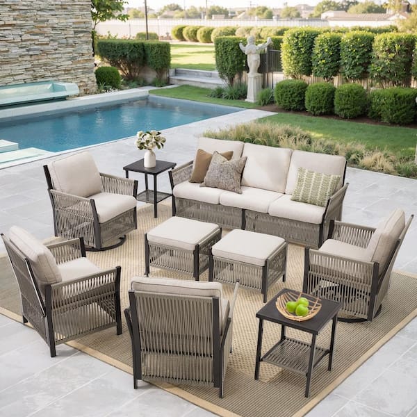 Buenaola Nyajiah 9-Piece Wicker Outdoor Patio Conversation Set with Beige Cushions