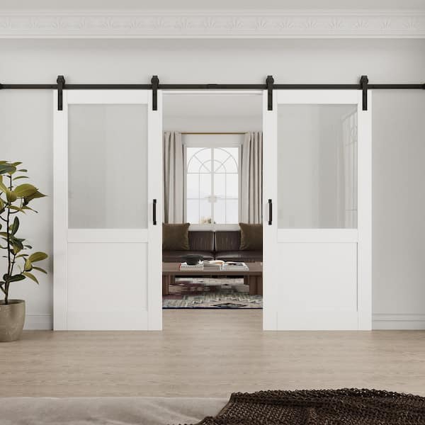 72 in. x 80 in. 1/2 Lite Tempered Frosted Glass White Primed MDF Composite Sliding Barn Door with Hardware Kit