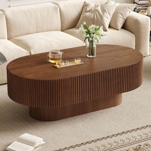48.4 in. Walnut Oval Wood Coffee Table with 10.7 in. Thick Tabletop, Sturdy Base for Living Room