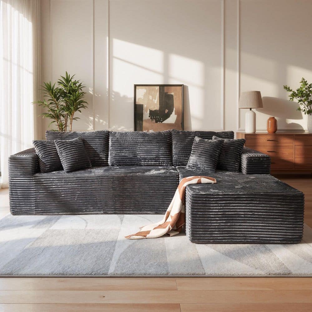 AURA 108 in. Wide Arm 2-Piece Plush Corduroy L-Shape Modular Boneless Sectional Sofa Couch in Gray with Right Chaise