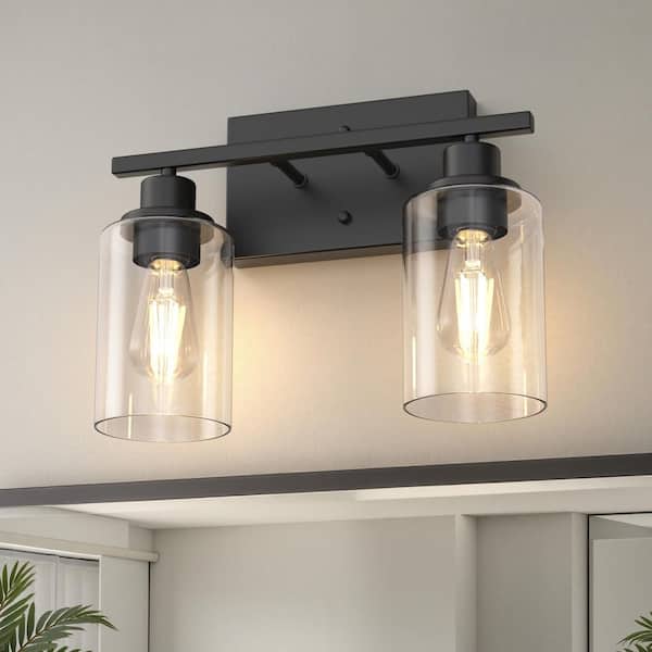 13 in. 2-Light Matte Black Industrial Bathroom Vanity Light with Clear Glass Shades,Wall Mount Over Mirror Light Fixture