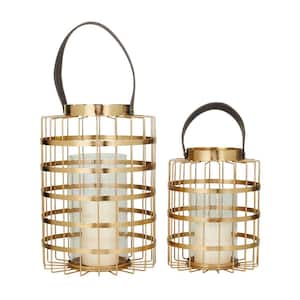 Gold Metal Decorative Candle Lantern with Faux Leather Straps (Set of 2)