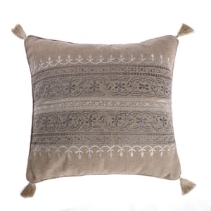 Trevino Beige Global Embroidered 20 in. x 20 in. Throw Pillow