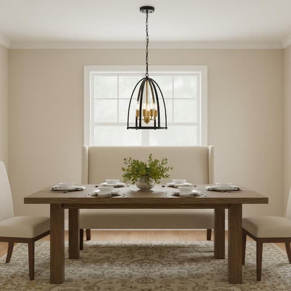 4-Light Black Rustic Lantern Pendant w/Chain, Open Frame Farmhouse Chandelier for Hallways and Entryways