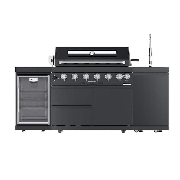43 in. 6-Burner 85,000 BTU Stainless Steel Outdoor Kitchen BBQ Grill Island, Wine Refrigerator, Rotisserie, in Black