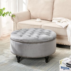 30 in. Round Storage Ottoman, Modern and Luxury Velvet Style, Nail Head Tufted Seating, Footrest Stool Bench, Gray