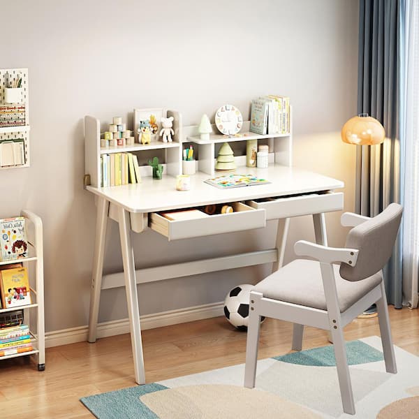 2-Piece Rubber Wood Top White Kids Study Desk Sets with Bookshelf, Study/Writing Table for Bedroom Home Office