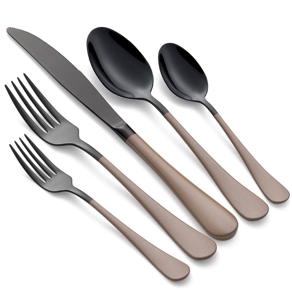 20-Piece Stainless Steel Serving Set Black/Brown Handle 18/0 Cutlery Set Se