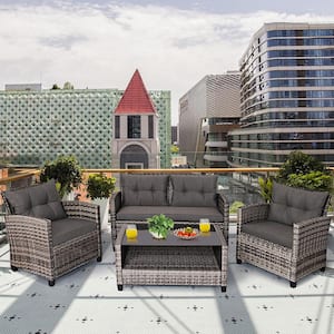 4-Piece Wicker Patio Conversation Set Coffee Table Sofa Garden with Gray Cushions