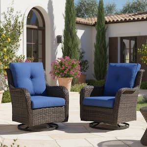 Outdoor Swivel Brown Wicker Outdoor Rocking Chair with CushionGuard Blue Cushions Patio (Set 2-Pack)