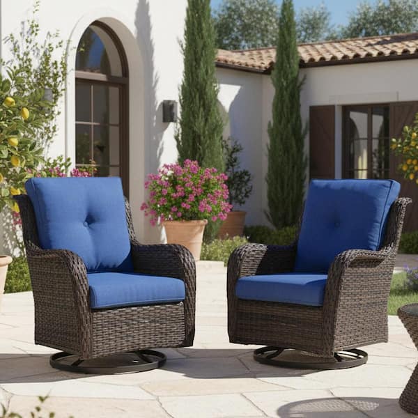 Outdoor Swivel Brown Wicker Outdoor Rocking Chair with CushionGuard Blue Cushions Patio (Set 2-Pack)
