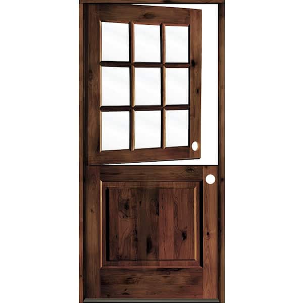 Krosswood Doors 32 in. x 80 in. Farmhouse Knotty Alder Left-Hand/Inswing Clear Glass Red Mahogany Stain Dutch Wood Prehung Front Door