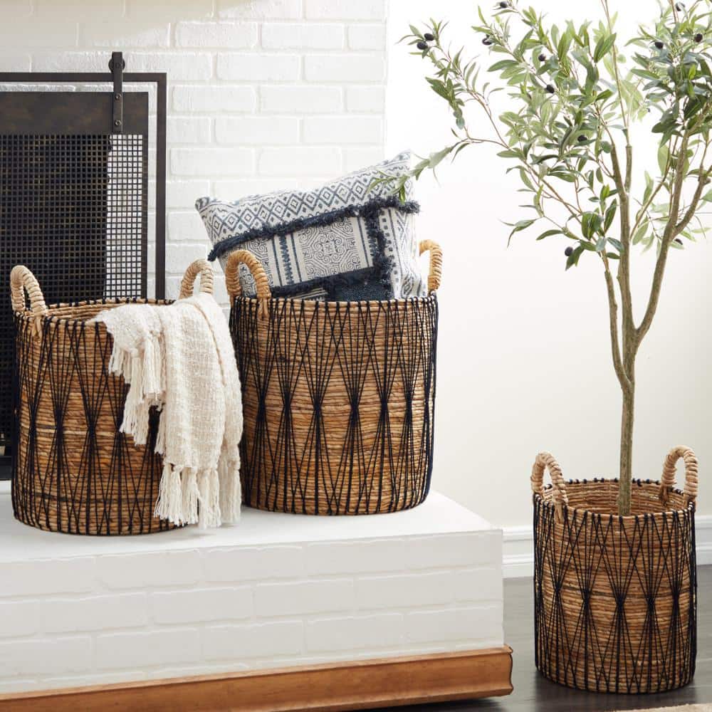 Handmade Brown and Black Banana Leaf Storage Baskets with Handles, Set of 3