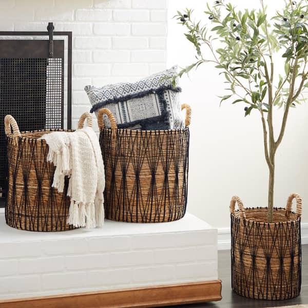 Litton Lane Banana Leaf Handmade String Detail Storage Basket with Handles (Set of 3)