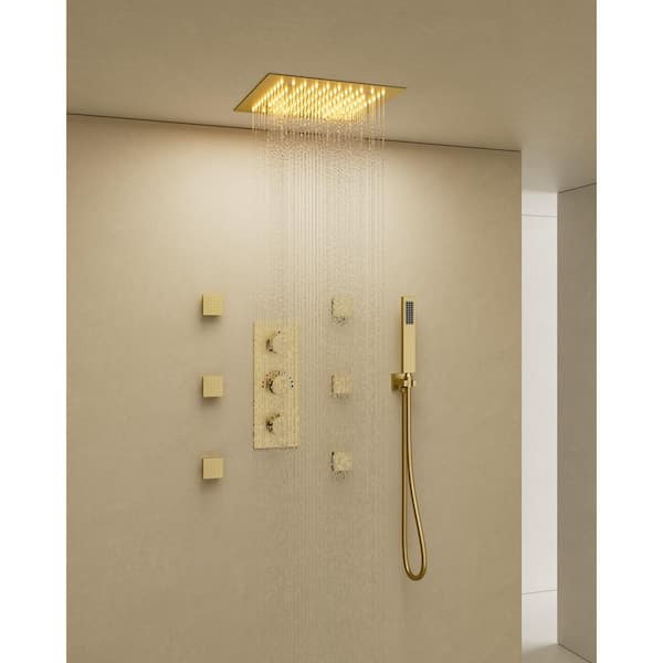 Thermostatic 5-Spray 12 in. Square LED Mood Lighting Shower System with 6-Jets in Brushed Gold (Valve Included)