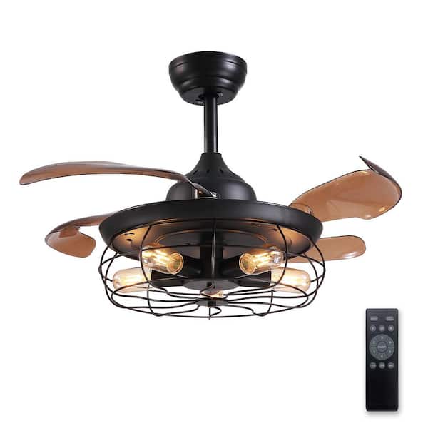 ANTOINE 36 in. Indoor Farmhouse Black Caged Ceiling Fan with Lights and Remote Retractable Blades Fandelier