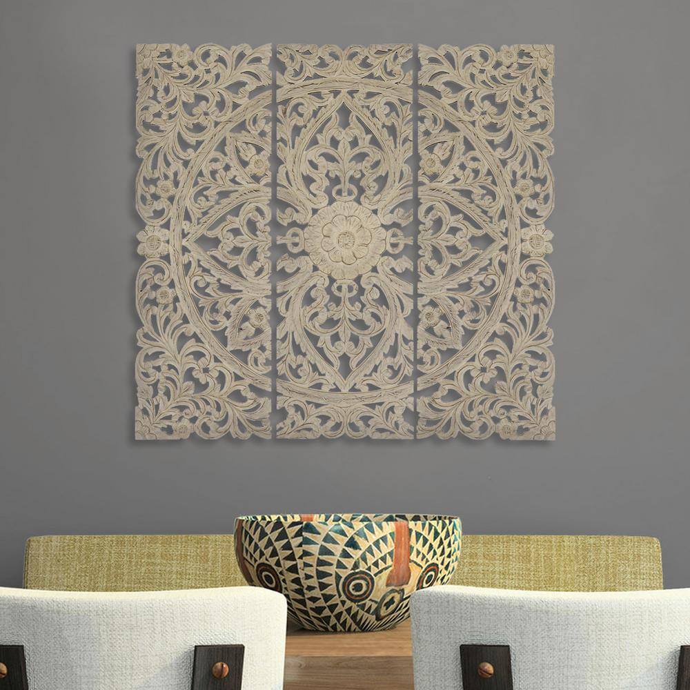 Antique White Floral Hand Carved Wooden Wall Plaque Set