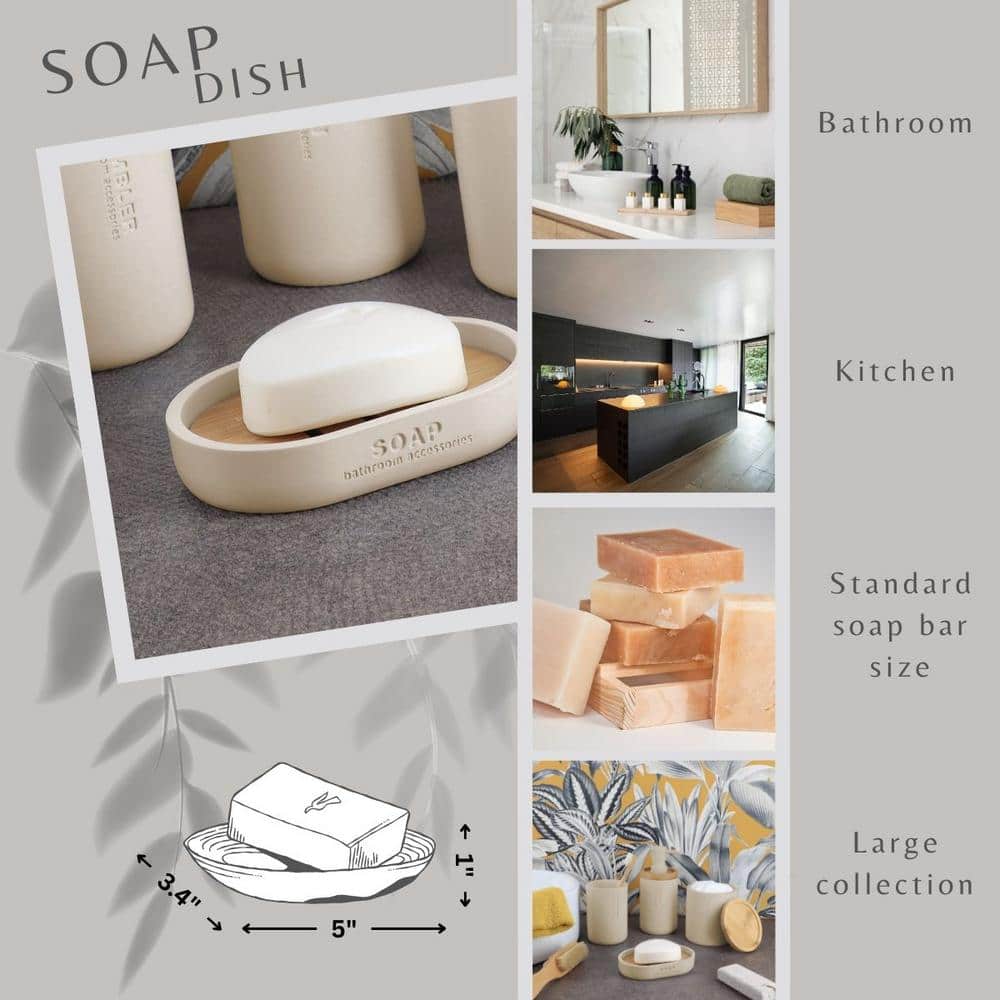 Beige Polyresin Soap Dish with Natural Bamboo Base
