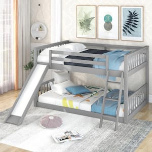 Classic Gray Full over Full Wooden Bunk Bed with Convertible Ladder and Slide