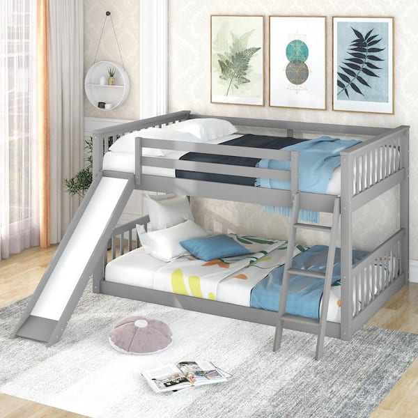Harper & Bright Designs Classic Gray Full over Full Wooden Bunk Bed with Convertible Ladder and Slide