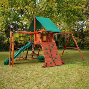 Sun Valley II Wooden Outdoor Playset with Tarp Roof, Monkey Bars, Tire Swing, Rock Wall, and Swing Set Accessories