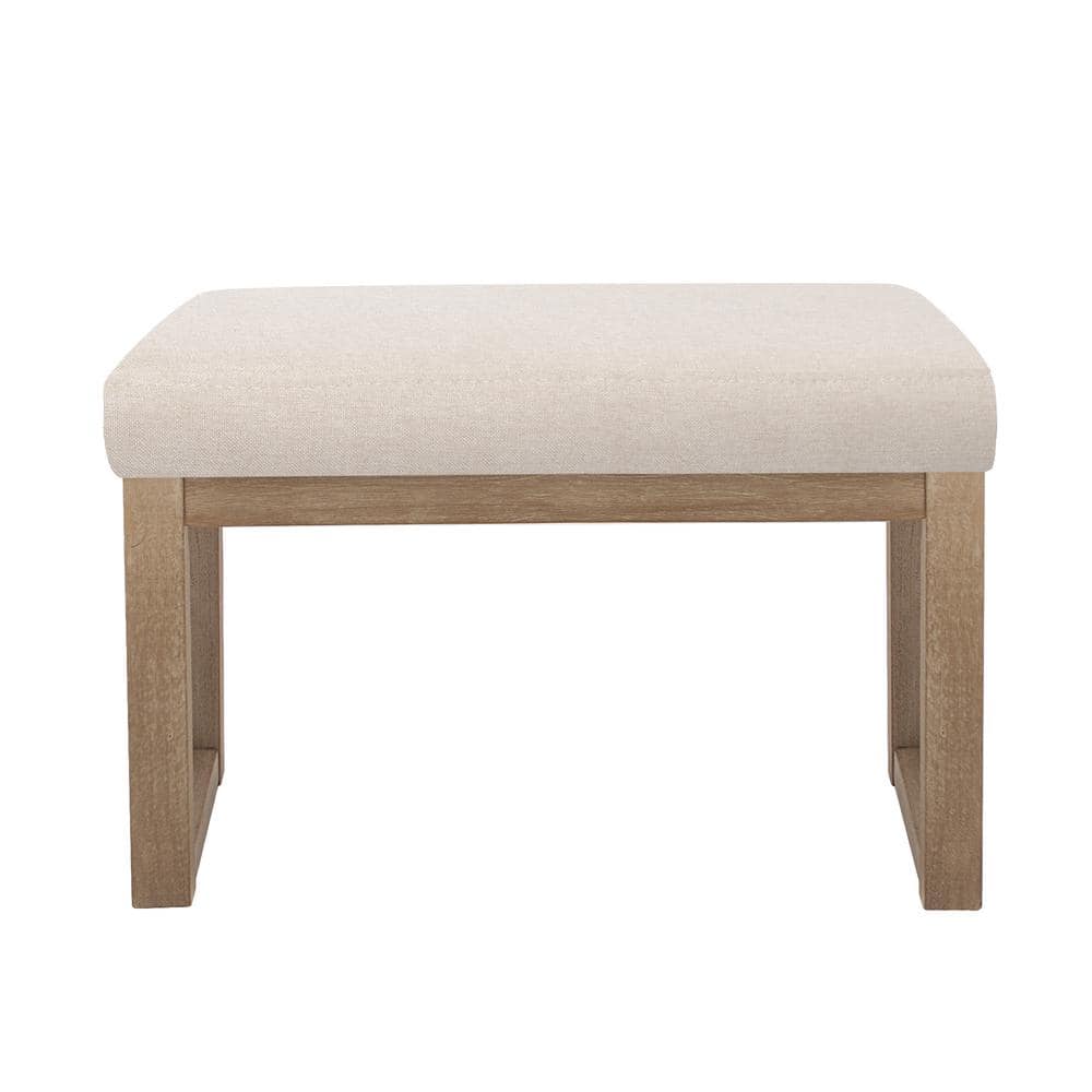 Beige Linen Upholstered Wood Leg Ottoman Bench