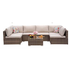 Brown Wicker 7-Piece Outdoor Patio Sectional Sofa Conversation Set with Brown Cushions, 2-Pillows, and 1-Coffee table