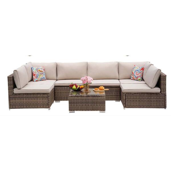 Zeus & Ruta Brown Wicker 7-Piece Outdoor Patio Sectional Sofa Conversation Set with Brown Cushions, 2-Pillows, and 1-Coffee table