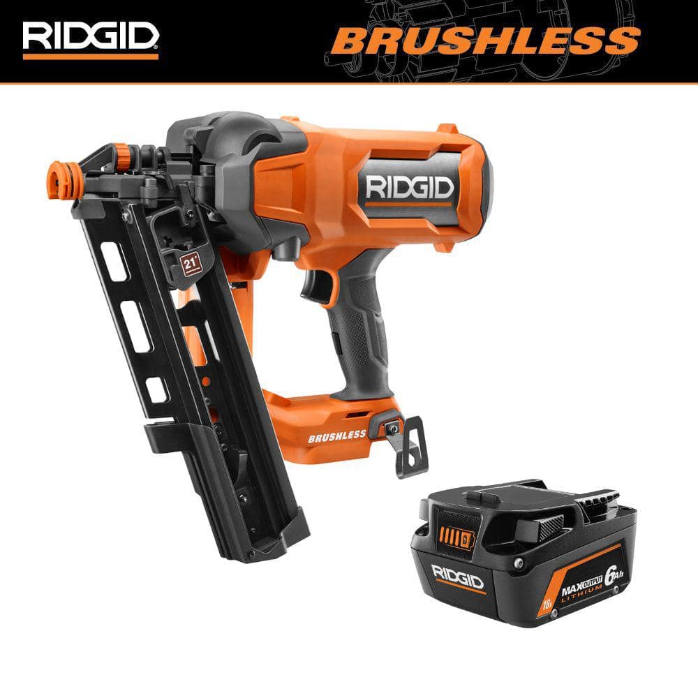 RIDGID 18V Brushless Cordless 21° 3-1/2 in. Framing Nailer with 18V 6.0 Ah MAX Output Lithium-Ion Battery -  R09894R840060