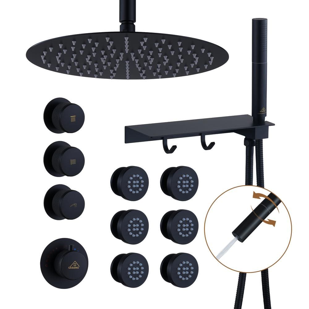 CASAINC 3-Spray Patterns 12 in. Round Ceiling Mounted Fixed and Handheld Shower Head 1.8 GPM in Matte Black
