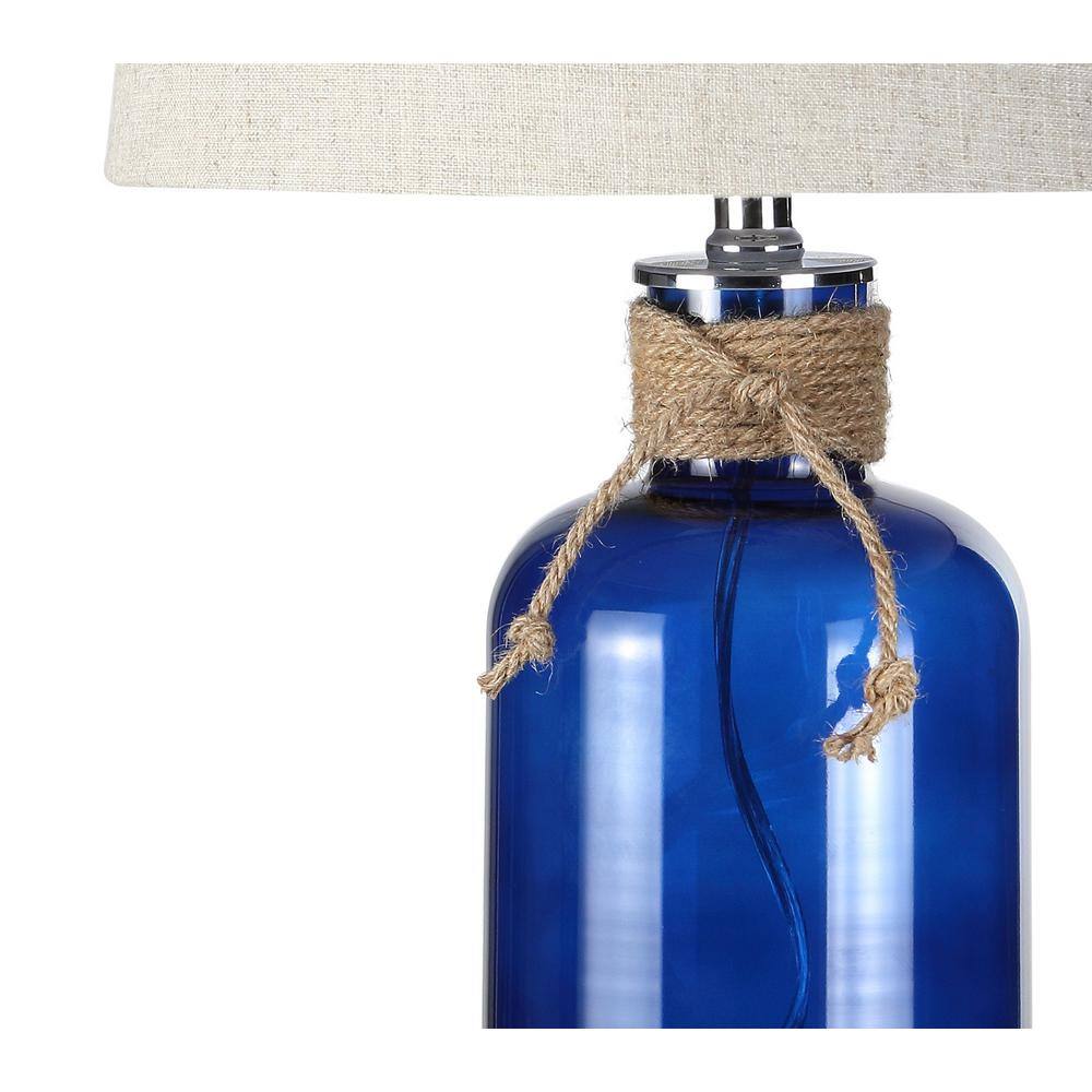 Azure Blue Glass Bottle Table Lamp with Linen Shade
