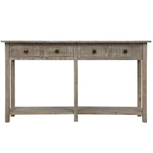 59 in. Gray Wash Rectangle Wood Console Table with Drawers and Bottom Shelf for Living Room Grey Wash